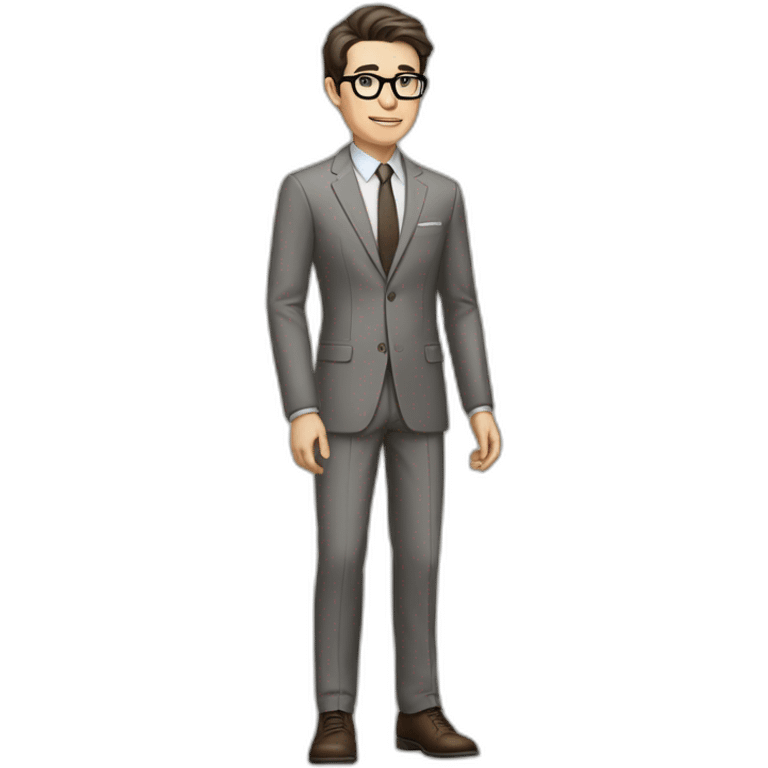 Full height Pale skinned Fit Man With dark brown hair in classic gray suit, beige office shirt, dark gray tie, and vintage glasses. His hands lock emoji