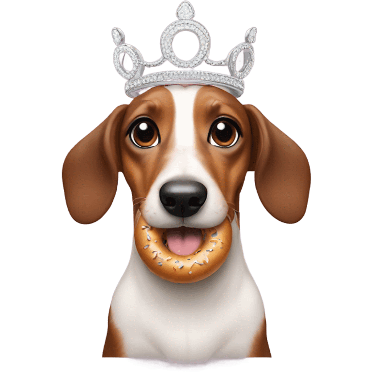 a confused sausage dog with a tiara eating a bagel emoji