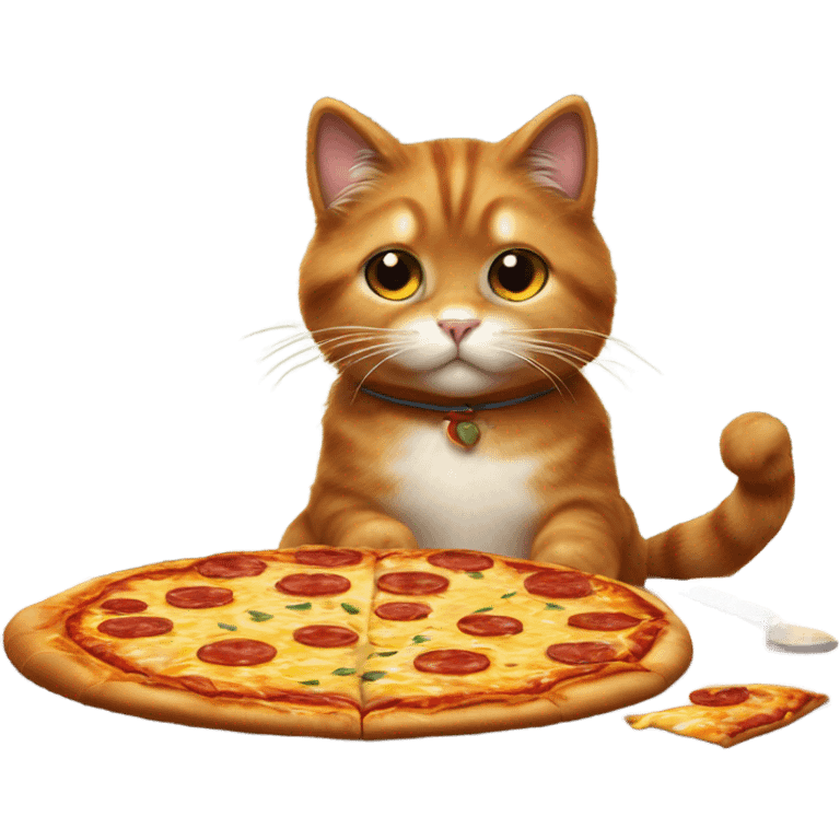 A cute, fluffy cat sitting on a rustic wooden table, playfully nibbling on a slice of pizza topped with melted cheese and pepperoni.  emoji