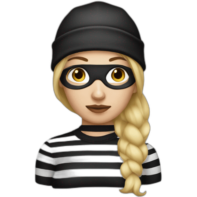 bank robber blonde woman with black beanie hat eye mask and striped shirt emoji