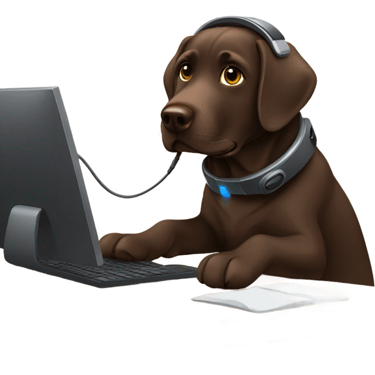 Chocolate lab working on computer with headset  emoji