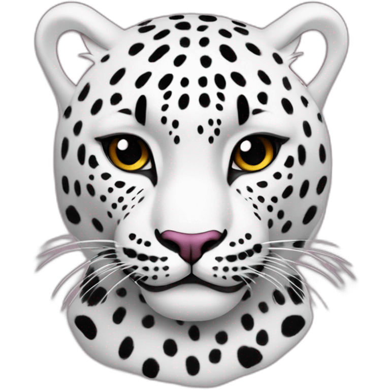 Leopardo las nieves, blanco con manchas en vez de negras, que sean violetas las manchitas, y pelo rosa, macho emoji