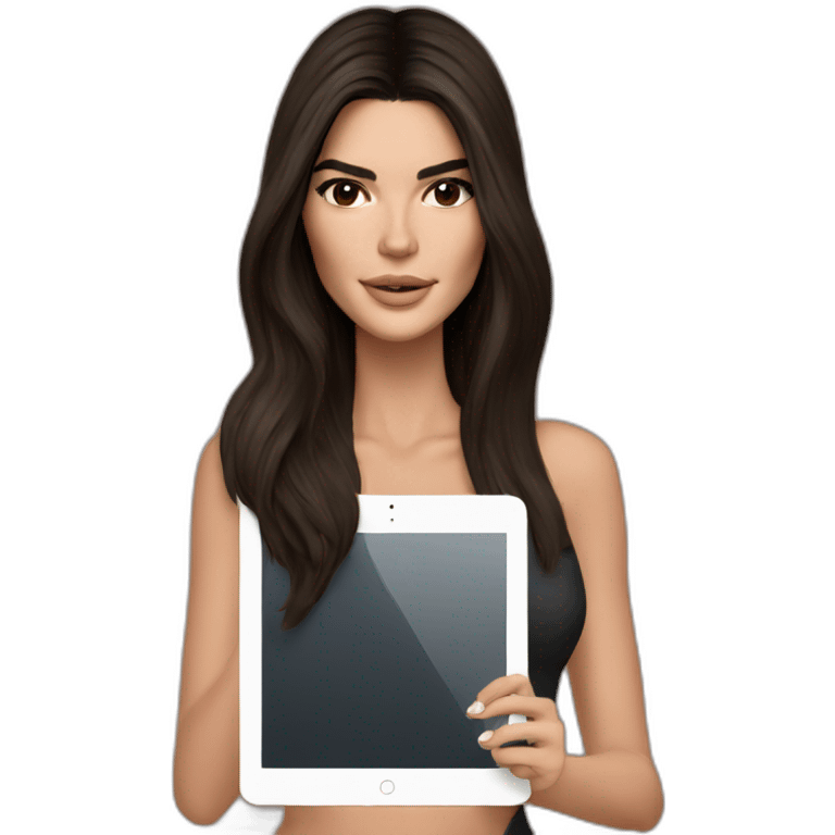 brunette Kendall Jenner with long hair holding iPad emoji