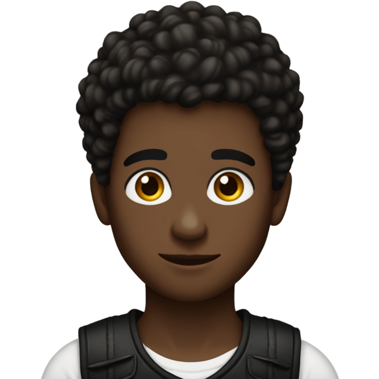 Boy with hair shaved on the sides and long curly hair on top, dark brown eyes, wearing black tank top emoji