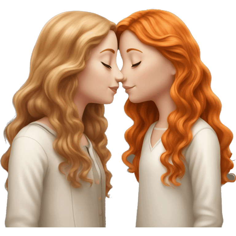 serene two white girls. one has wavy brunette hair and the other has natural soft orange hair delicate fringe. standing together kissing in gentle light. calm and content. hyper-realistic soft textures fine details glow on skin emoji