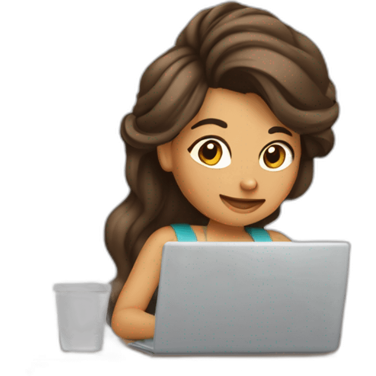 mujer de cabello castaño trabajando de forma remota con su laptop emoji