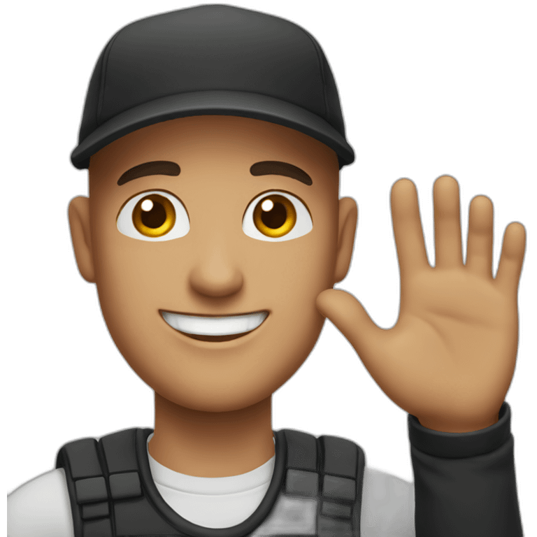 A bald guy with black cap smiling kindly and waving with the left hand emoji