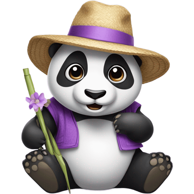 a panda with a strawhat and wearing purple and white clothes  emoji