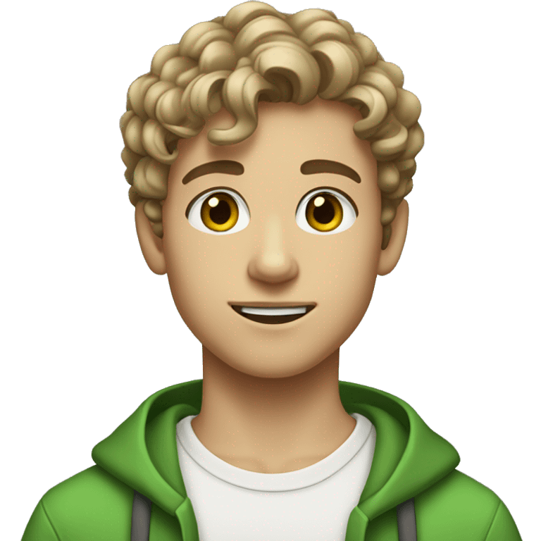 A 16 year old boy with dark blonde curls green eyes and a short beard emoji