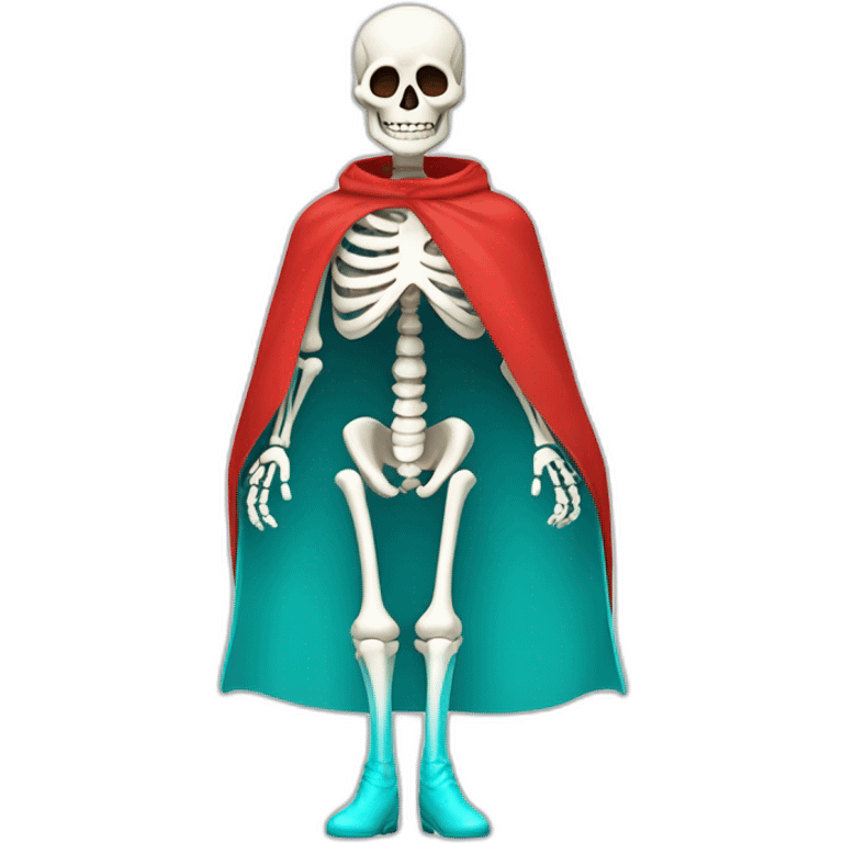 a male skeleton with his rib cage showing and a white top and cyan bottom and red boots and red gloves and a red short cape emoji