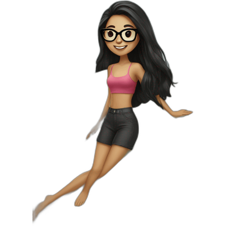 Girl with black glasses and long black hair on a surfboard emoji