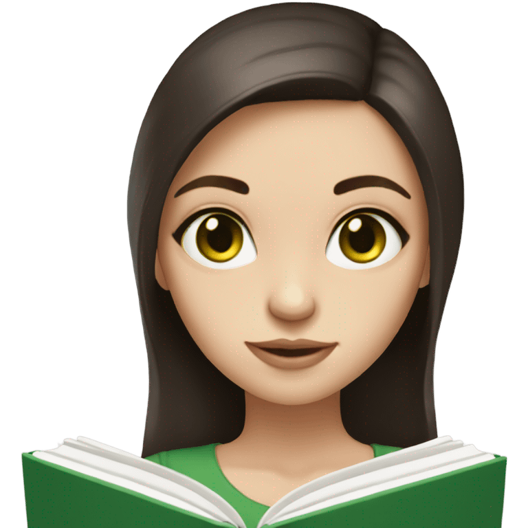 Girl with green eyes, shoulder length dark brown hair, pale skin, reading a book  emoji