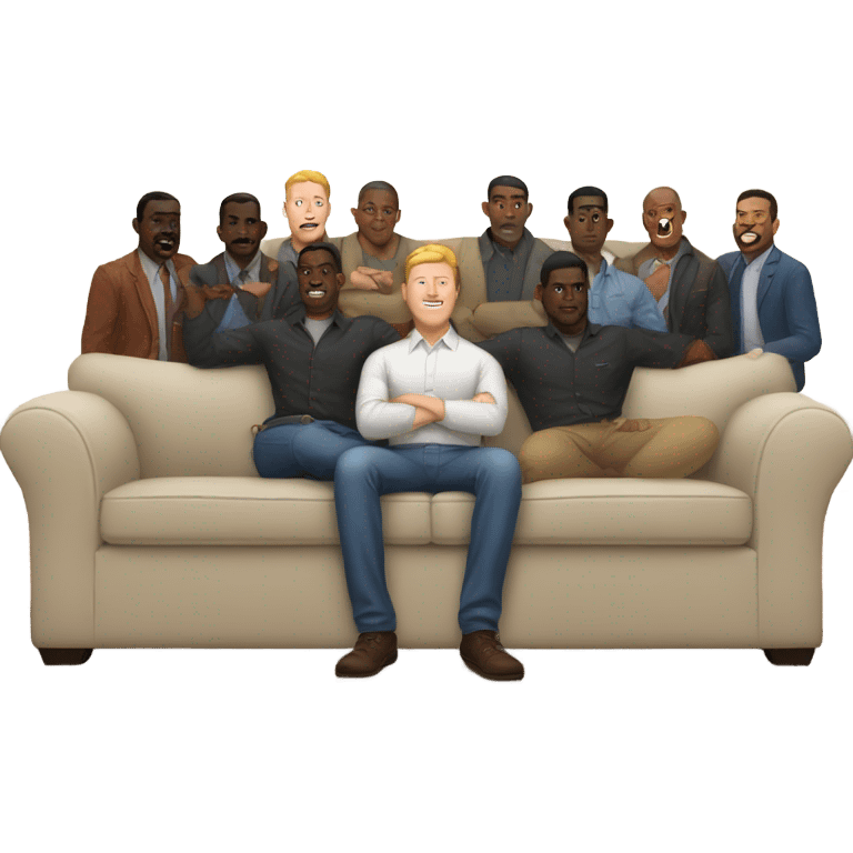 one white guy surrounded by 6 black guys on a couch emoji