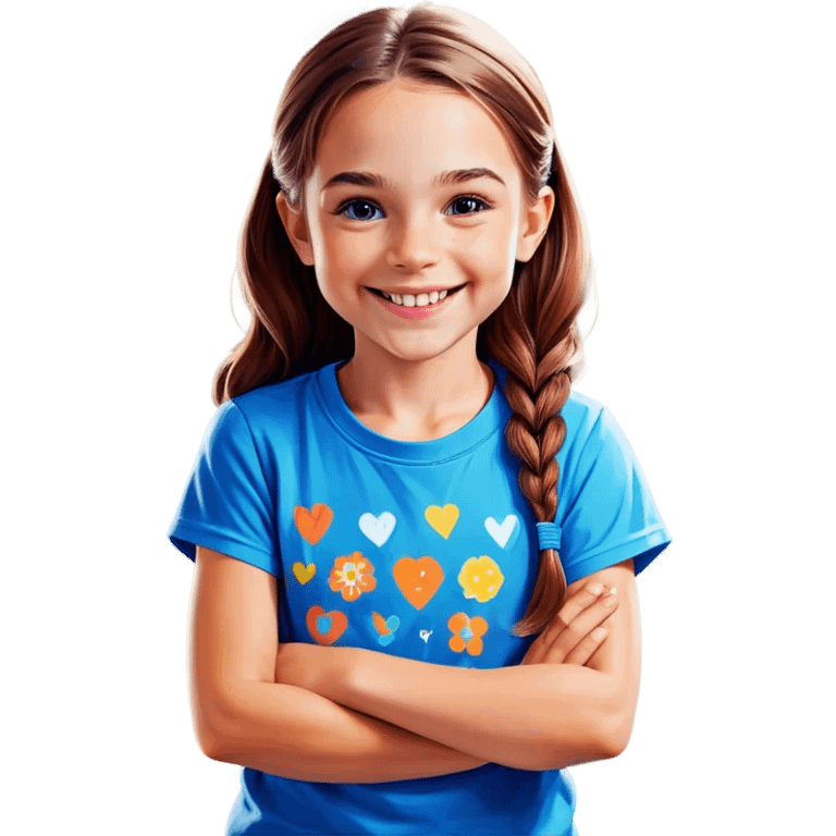 Little Girl, white skin, bronze hair, smile, tutor, bright blue t shirt emoji