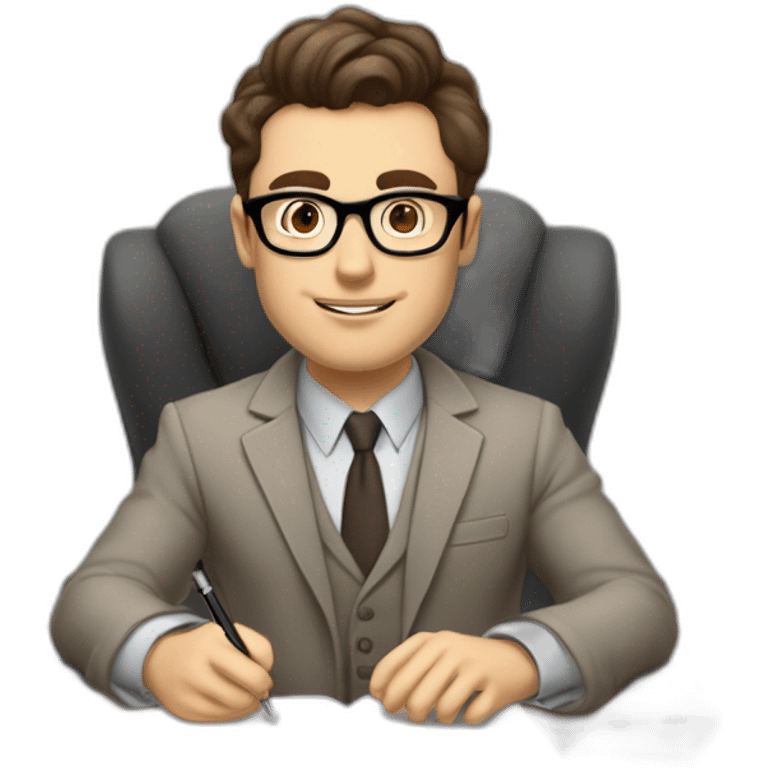 Pale skinned Fit Man With dark brown hair in gray jacket, beige office shirt, Brown pants and vintage glasses sitting In a soft chair with a notebook on spring with emblem Ψ and a pen emoji