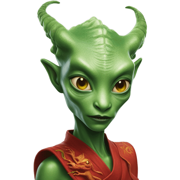 Photo realistic, alien female green,  on red china dragon emoji