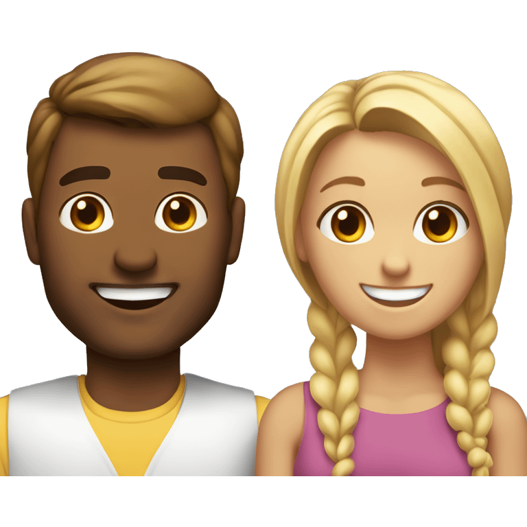 Woman and man smiling, woman has straight Brown hair in a ponytail, slightly sunkissed skin, man has blonde long hair which are in a ponytail, slightly sunkissed skin emoji