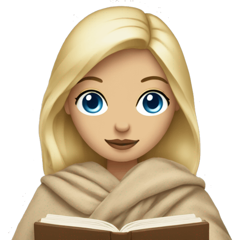 blonde woman with blue eyes in a blanket with a beige book in her handsemoji emoji