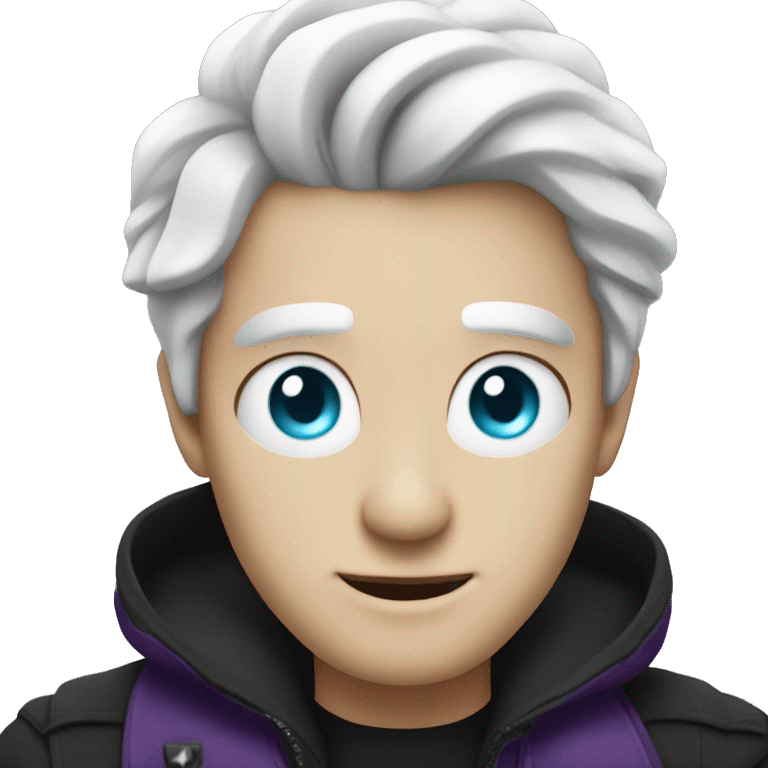 A  guy with White hair and he got cyan eyes and wears black-purple cloat emoji