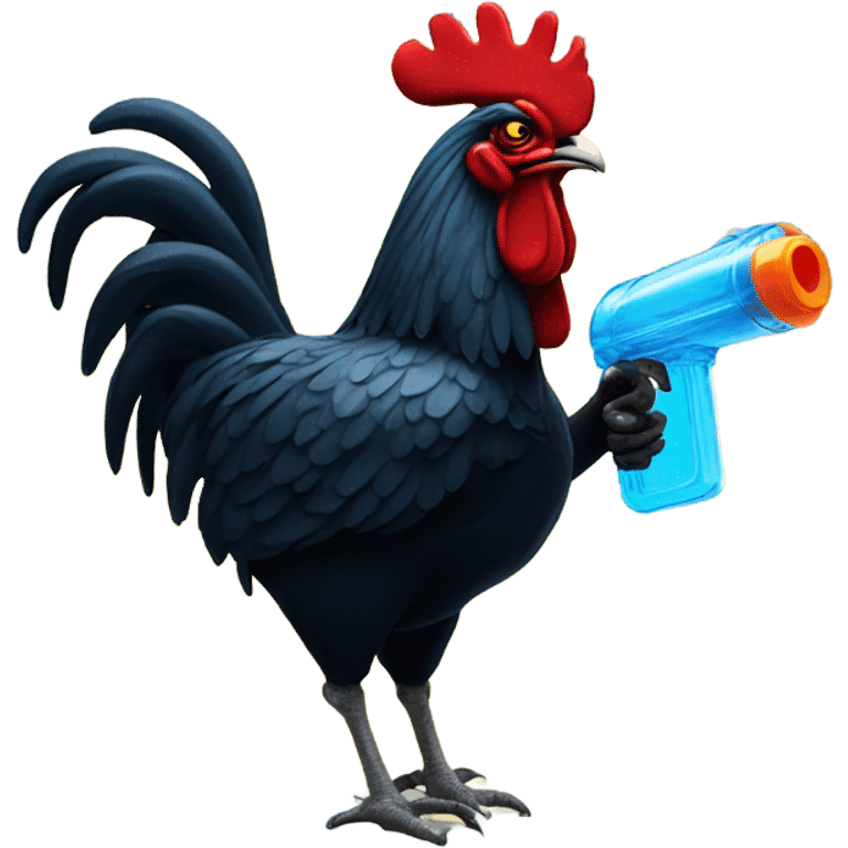 Big black rooster carrying a water gun emoji