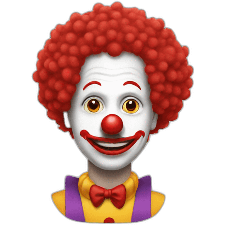 a man in a clown costume wearing clown makeup, a big round red nose and wearing a red afro wig emoji