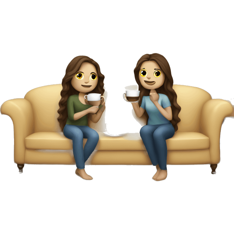 a couple with white skin and brown hair are sitting on the sofa and drinking tea, the girl has long hair  emoji