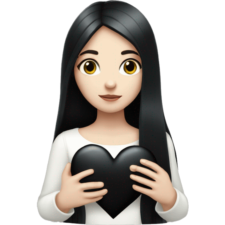 Pale girl with long black hair holding black heart in her hands  emoji