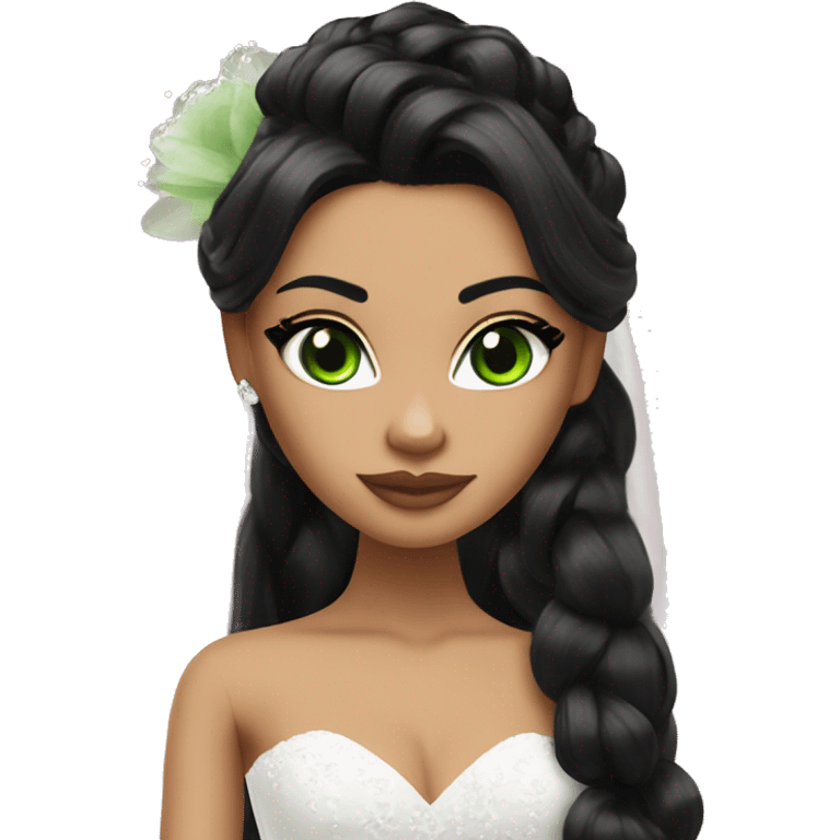 Bratz, bride, black hair, half up half down hair, olive skin, green almond cat eyes emoji