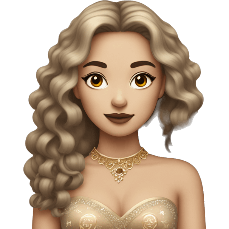 Create the zodiac sign leo as a pale brunette girl with elaborate makeup and dress that matches the zodiac sign  emoji