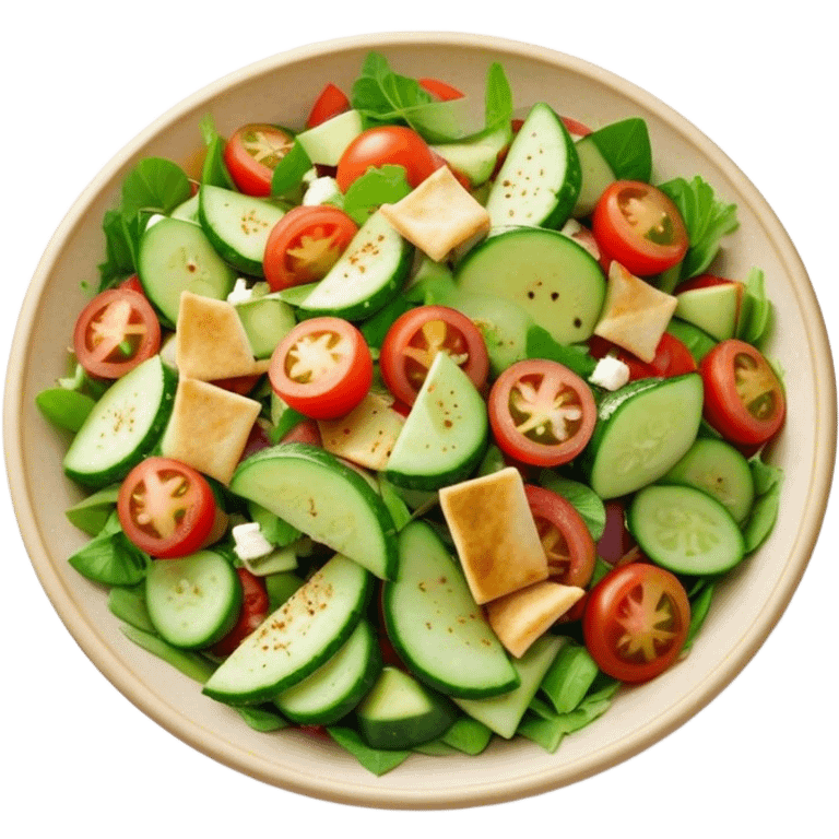 Cinematic Realistic Fattoush Salad Dish Emoji, depicted as a colorful medley of greens, tomatoes, cucumbers, and crispy pita rendered with vibrant textures and refreshing lighting. emoji