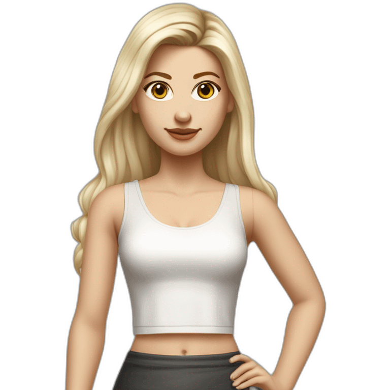 hyperrealist caucasian long straight blonde hair dark brown eyes sexy woman white crop tank top gray tight mini skirt black high heel shoes full body emoji