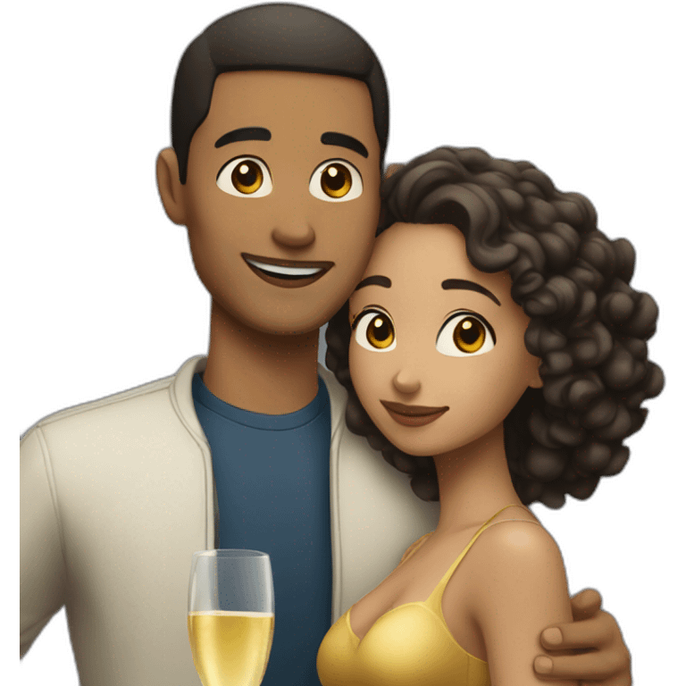 Tall lightskin man with champagne, hugging short lightskin woman emoji