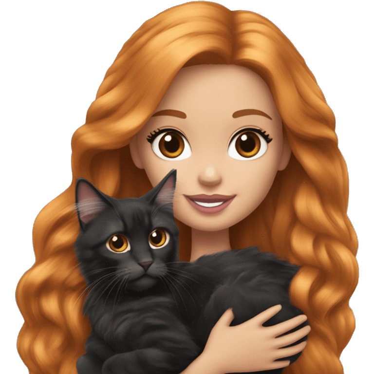 Barbie girl with long ginger hair Holds in her arms Black Maine coon emoji