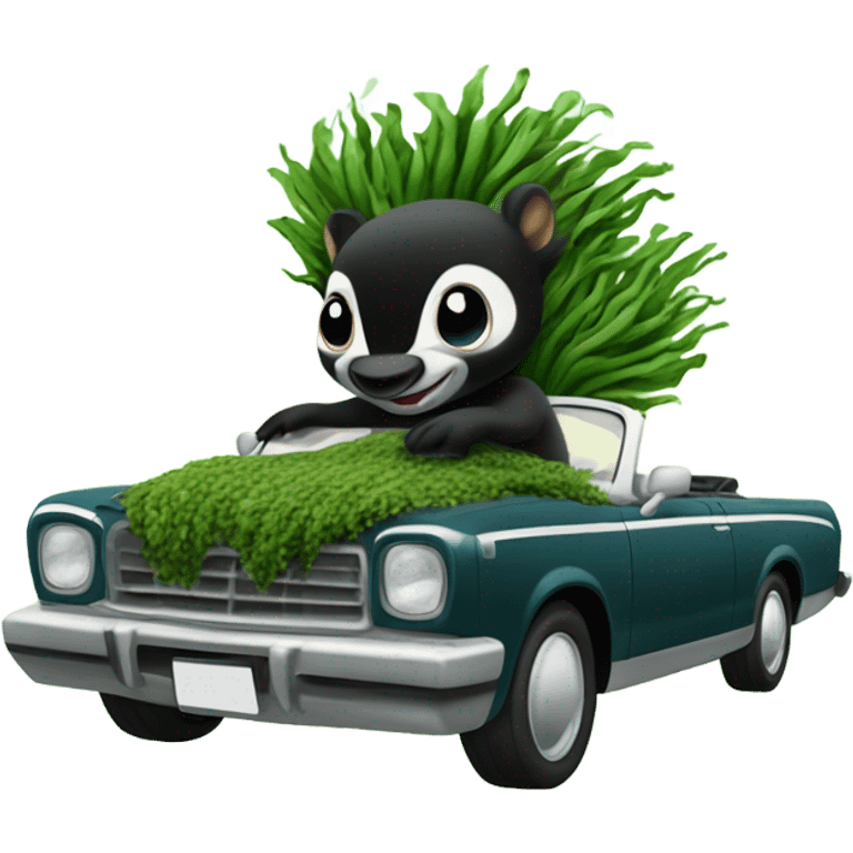 Skunk made of seaweed driving convertible in the sky emoji