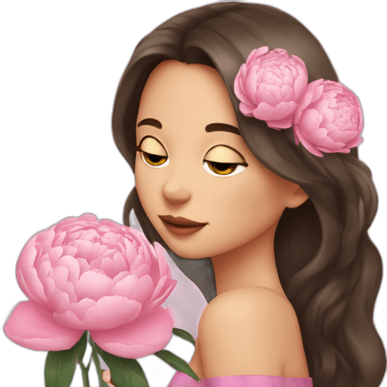 brunette girl smells  peonies emoji