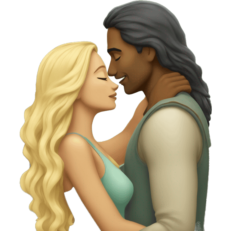 blonde woman with indian man that has long hair, romantic kiss under tree emoji