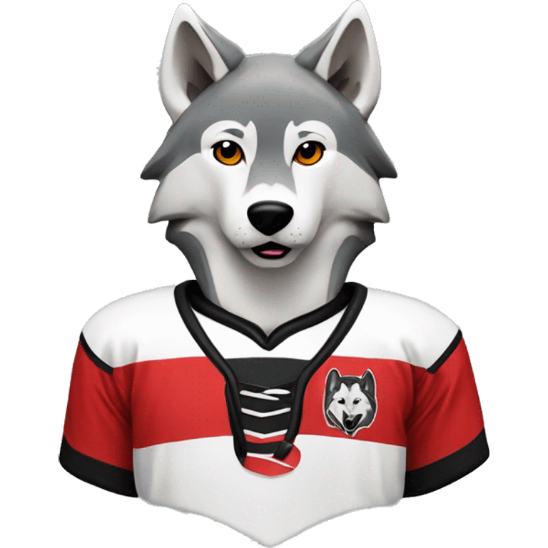 A wolf in a red black and white hockey uniform with a wolf emblem emoji