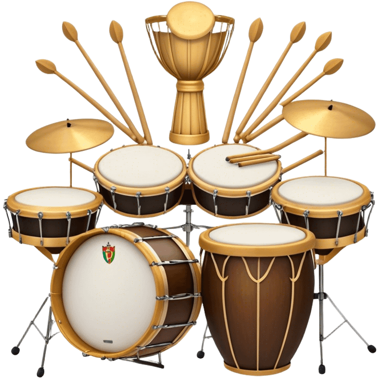 Create a complex, festive, and professional emblem-like emoji representing percussion instruments. The design should resemble a heraldic crest, featuring iconic drums and percussion such as a snare drum, bass drum, timpani, cymbals, marimba, and tambourine, arranged in a balanced and symmetrical composition. Drumsticks should cross elegantly at the center, symbolizing rhythm and energy. A flowing ribbon of musical notes should weave dynamically around the instruments, enhancing the celebratory and grand aesthetic. Ornate elements such as laurel wreaths, swirls, or subtle engravings should emphasize the prestige and importance of percussion in music. The color palette should include rich gold, deep mahogany, and silver, with refined highlights and shading for a polished, three-dimensional effect. The overall composition should be harmoniously structured, visually complete, and suitable as a standalone emblem. The background should be transparent. emoji