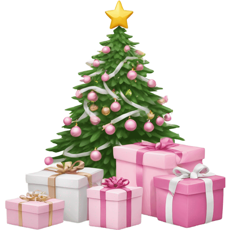 Light pink Christmas gifts under a white Christmas tree  emoji