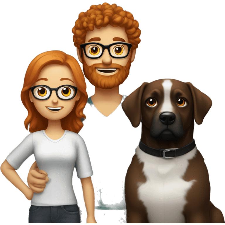 Redhead with beard and glasses standing by girl with curly hair and black dog with white chest  emoji