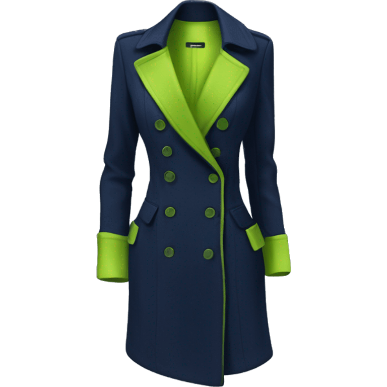 Realistic isolated open navy blue fashion Peacoat with lime green low cut silk blouse underneath.  emoji