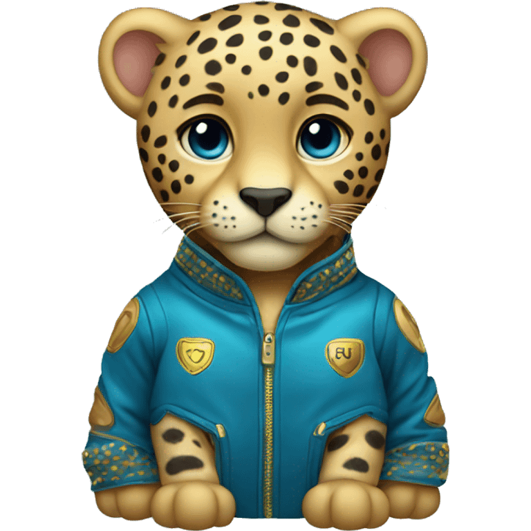  cute baby jaguar wearing a blue and gold jacket emoji