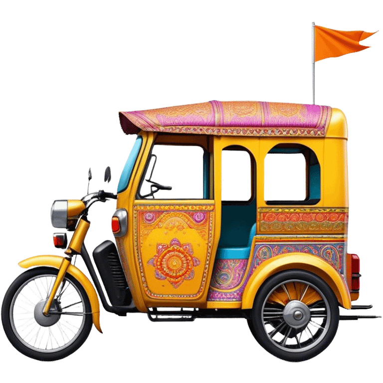 Cinematic Realistic Indian Auto Rickshaw Emoji, depicted as a colorful, bustling auto rickshaw with intricate designs and vibrant hues, rendered with lively textures and dynamic urban lighting that captures its quintessential presence in Indian cities. emoji