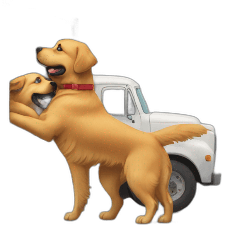 A Golden retriever and a rottweiller hugging in a moving truck emoji