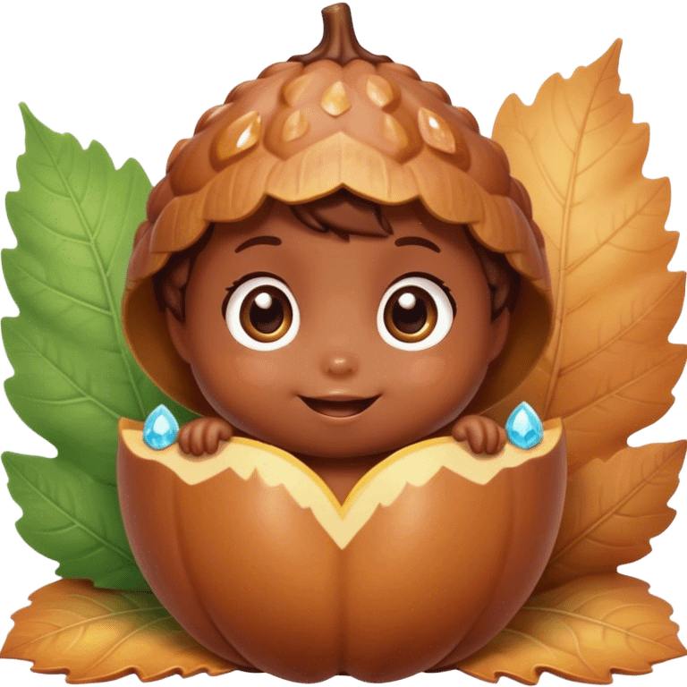 Cinematic tiny happy acorn, glossy brown, soft glowing highlights, tiny adorable face with big sparkly eyes, sitting on a pastel leaf, warm and cheerful. emoji