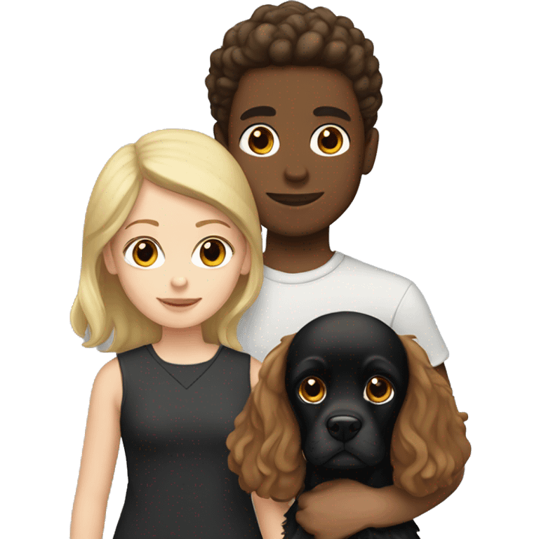 brown-haired girl and blond-haired boy with a black cocker spaniel emoji