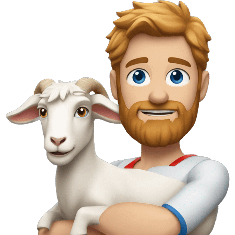 Man holding a goat, redish hair redish scruffy beard, blue eyes, wearing a superman outfit emoji