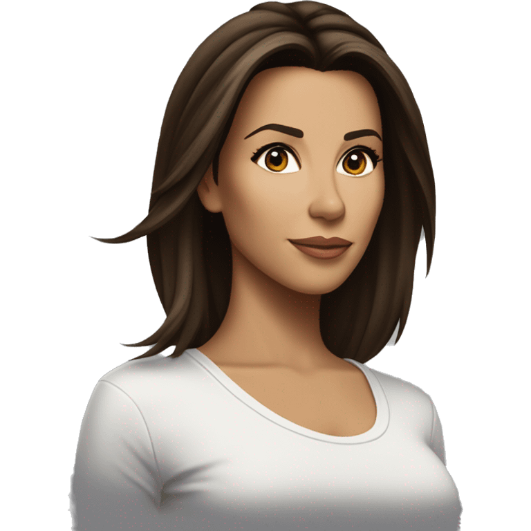 3/4 face, contrasted, shadow, light, Eva Longoria expression, standing from a distance, thin nose, brunette woman, hazel eyes, long eyelashes, dark shoulder shaded hair, white t-shirt, jeans, white sneakers emoji