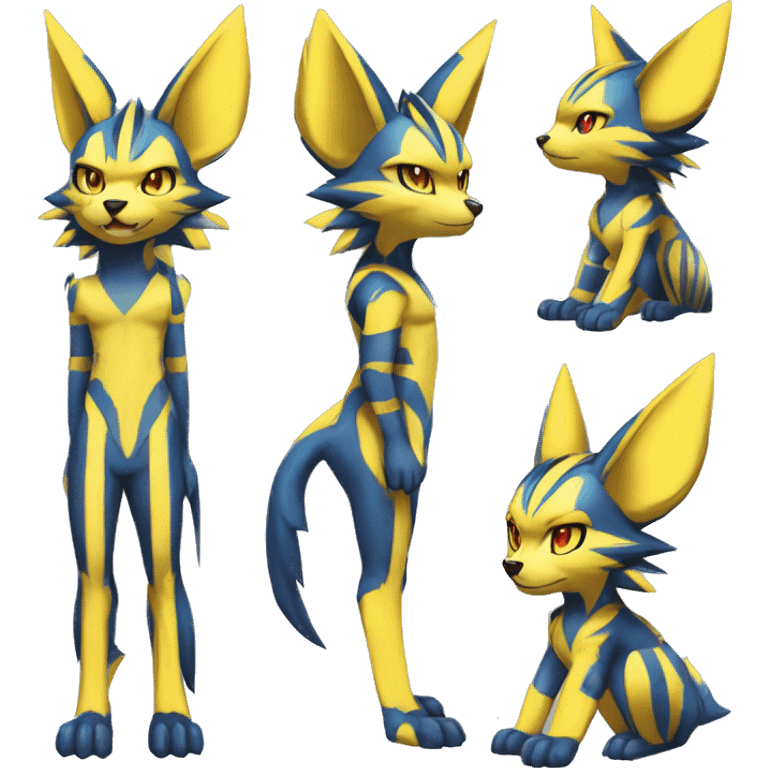 Yellow Anthro Edgy Cool Sonic-Zeraora-Anubis-Jolteon-Pokémon-Fakémon with shiny blue stripes Full Body Detailed High Quality  emoji