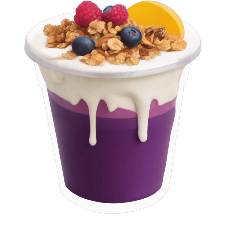 Açaí in a clear cup with layers of fruits and granola and condensed milk emoji